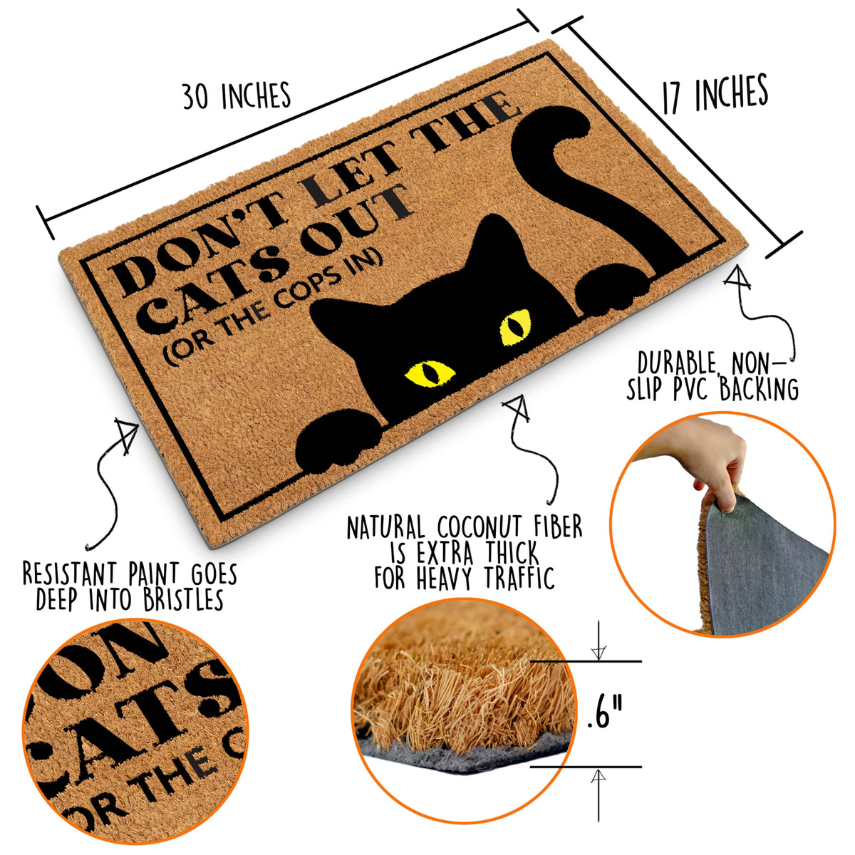 MAINEVENT black cat decor door mat hero shot highlighting bold design.