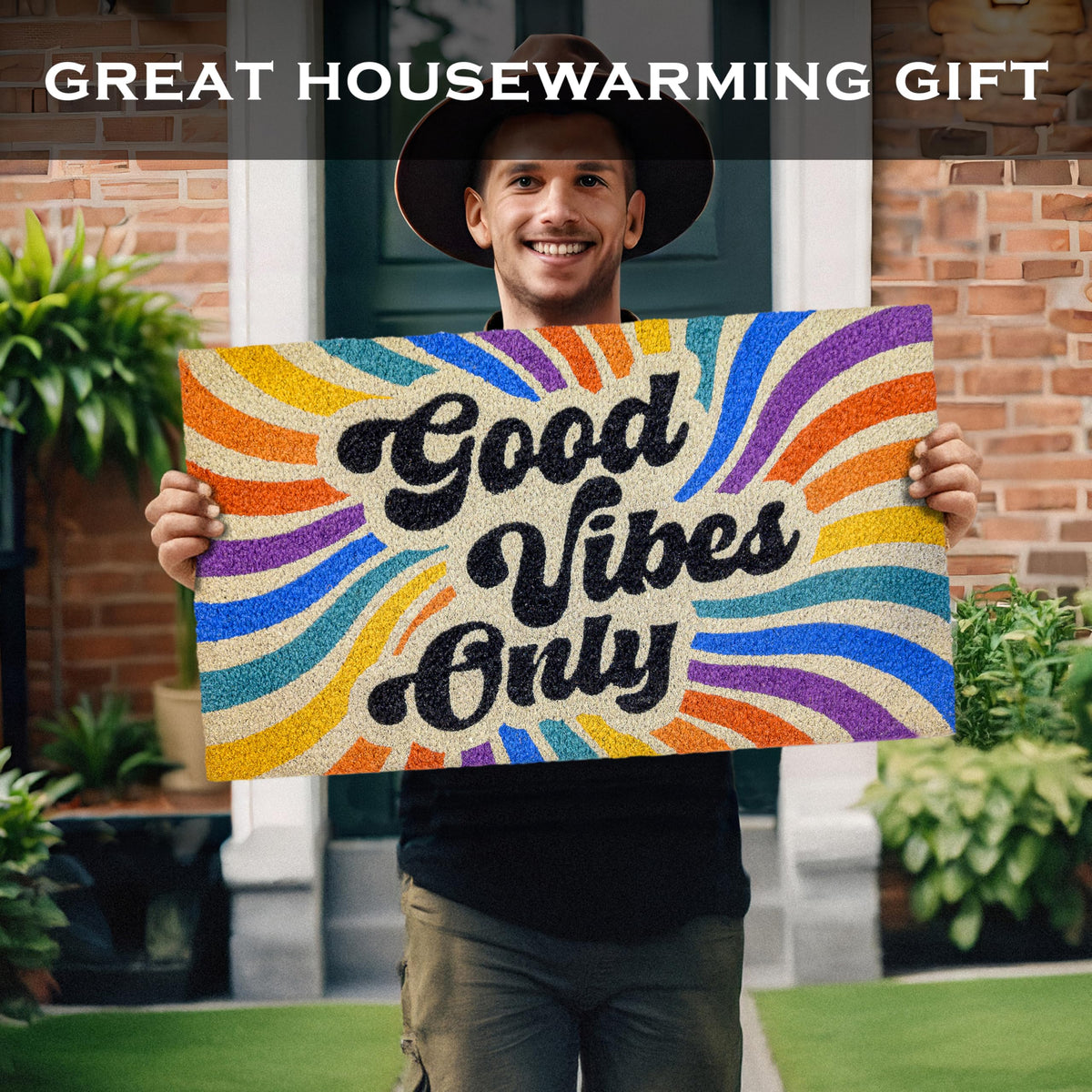 MAINEVENT Good Vibes Mat features a wide profile to cover entryway space.