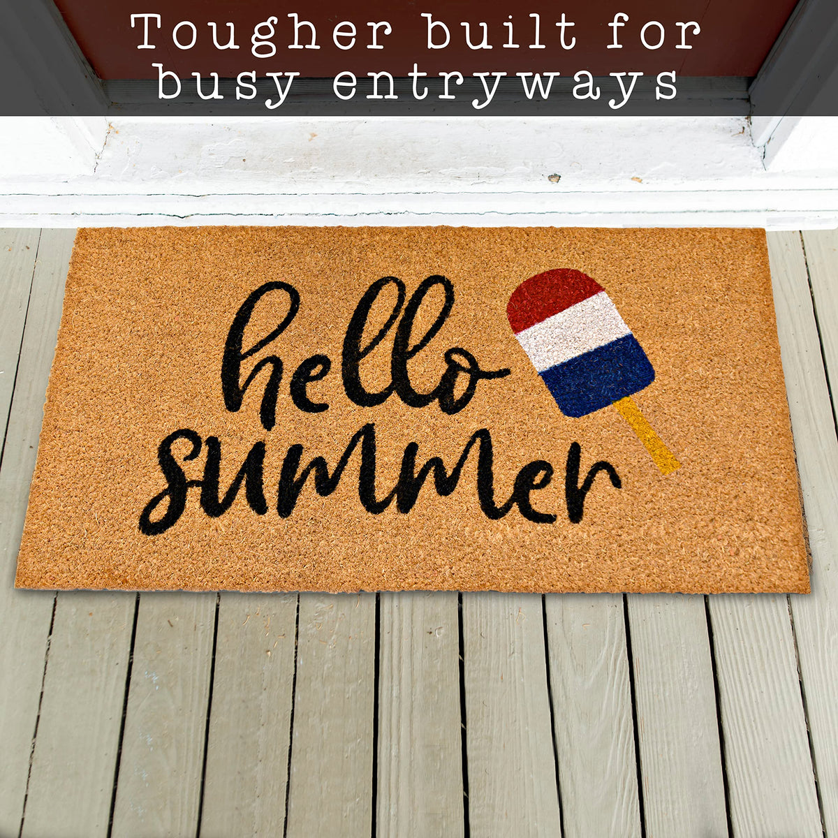 MAINEVENT front-door welcome mat, porch-ready sunshine design for covered spaces.