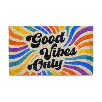 MAINEVENT Good Vibes Door Mat 30x17 with durable coco fibers traps dirt effectively.