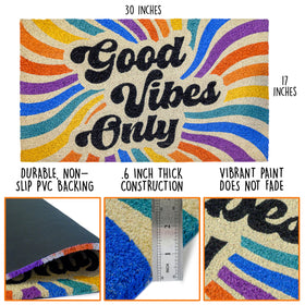 MAINEVENT Good Vibes Welcome Mat features non-slip backing for secure outdoor placement.