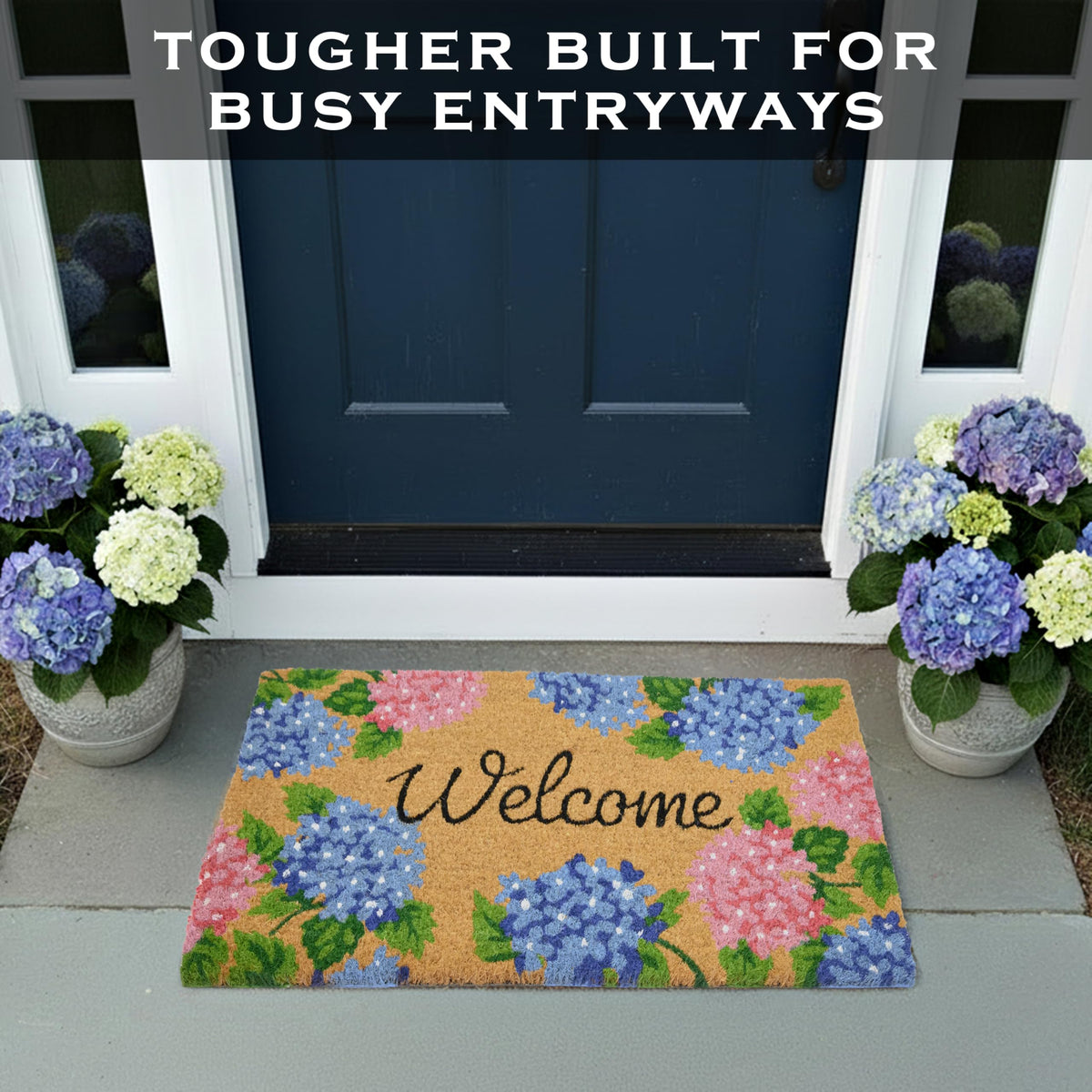 MAINEVENT Hydrangea door mat outdoor-use scene demonstrates dirt trapping