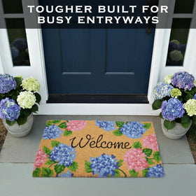 MAINEVENT Hydrangea door mat outdoor-use scene demonstrates dirt trapping