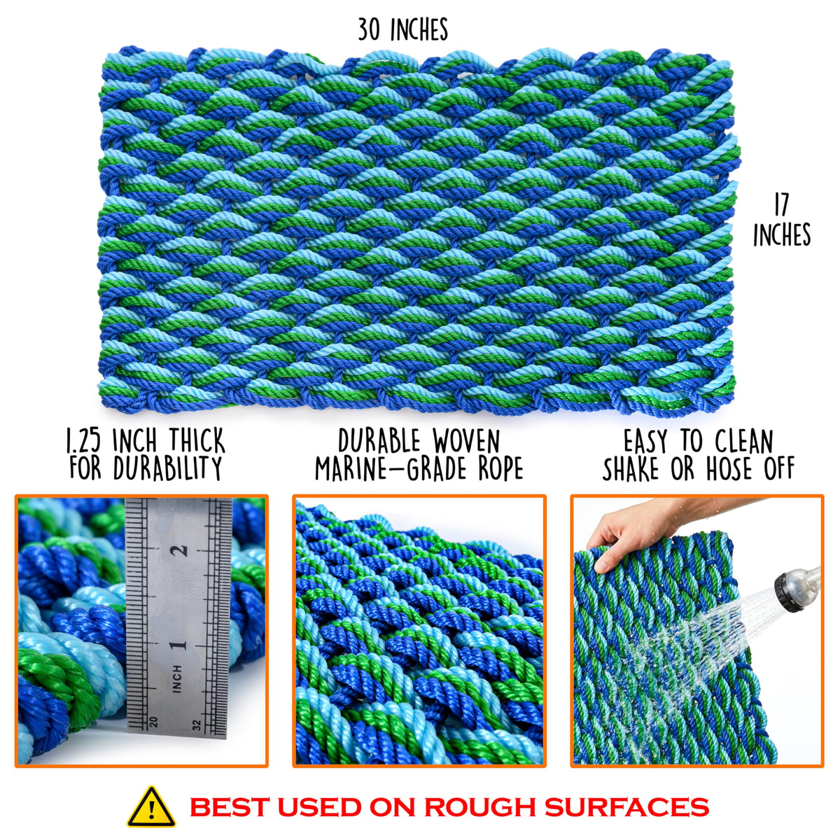 MAINEVENT Lobster Rope Mat Seafoam entryway in action demonstrates easy cleaning