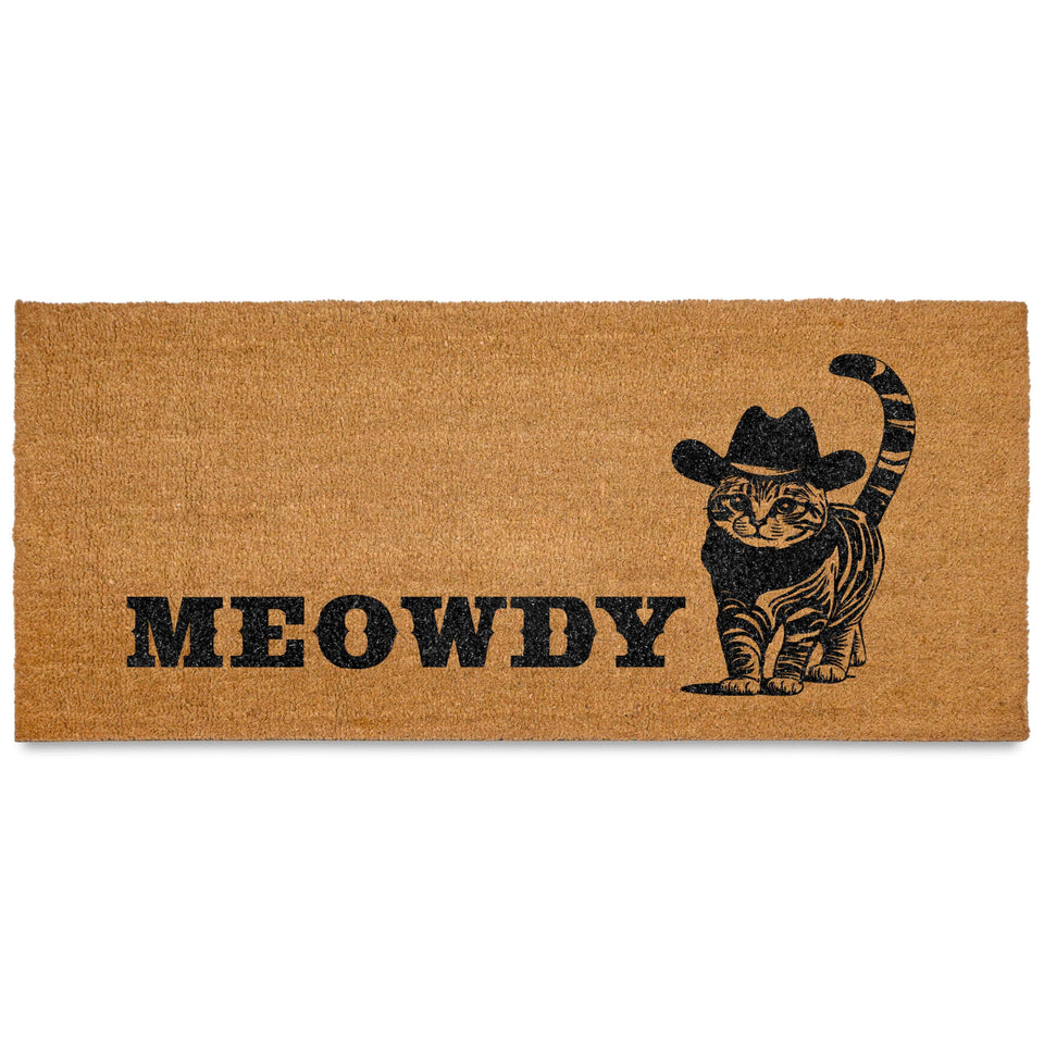 MAINEVENT Meowdy long door mat for double doors with non-slip backing for steady outdoor use.