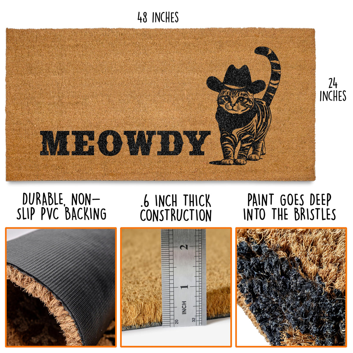 MAINEVENT Meowdy long door mat highlight non-slip backing for stability.