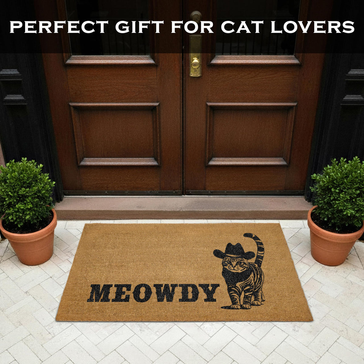 MAINEVENT Meowdy long door mat suits double doors with bold cat motif for entryways.