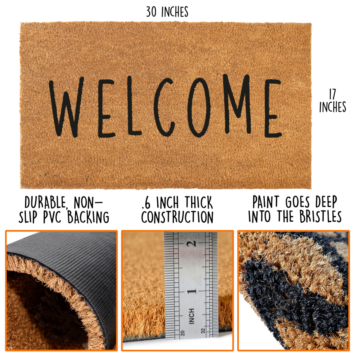 MAINEVENT Welcome Mat Outdoor shows non-slip PVC backing for secure placement on entryways.