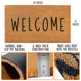 MAINEVENT Welcome Mat Outdoor shows non-slip PVC backing for secure placement on entryways.
