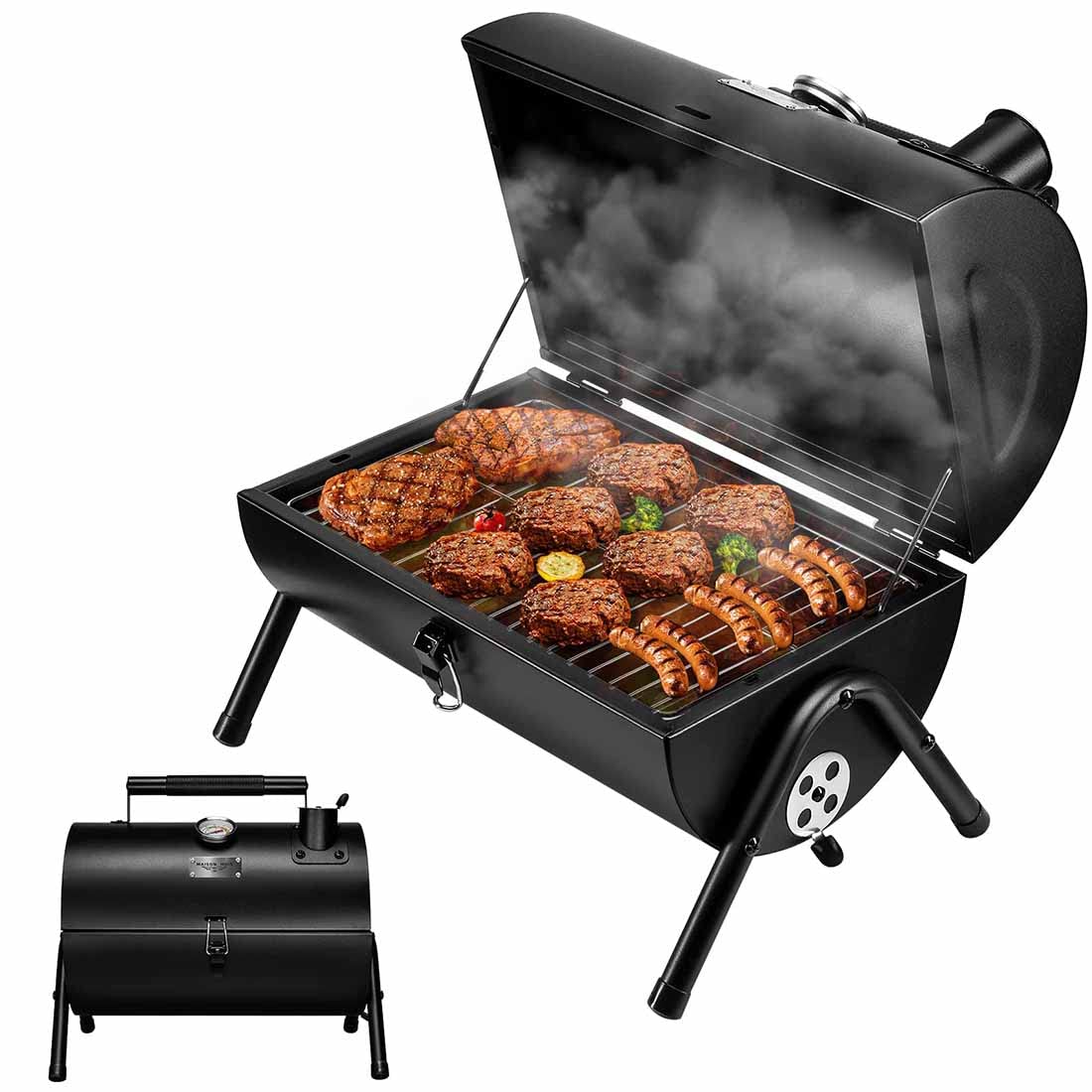 MAISON HUIS small charcoal grill with lid thermometer for precise cooking.