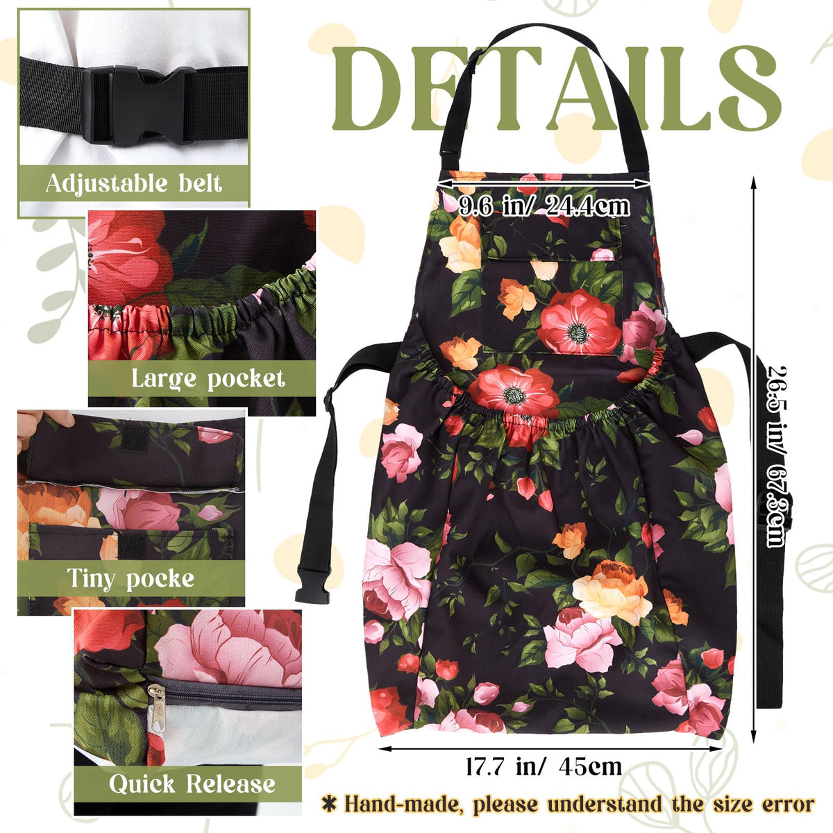Adjustable belt on Maiteenly garden apron ensures comfortable, customizable fit.