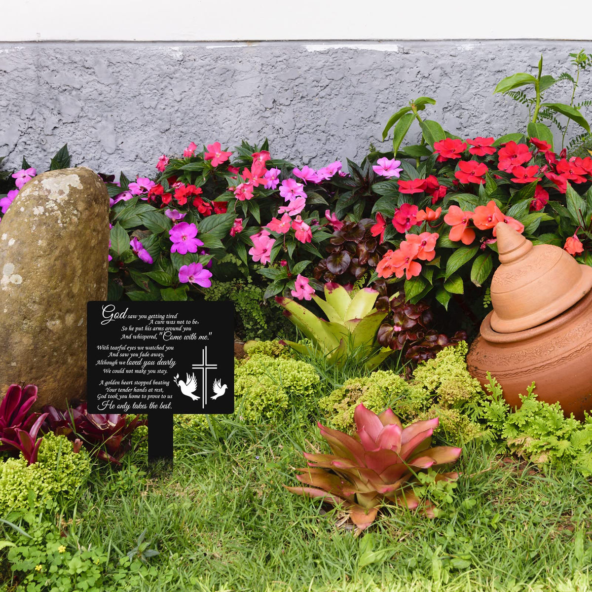 Maitys black garden memorial stake remains durable and fade-resistant in yard settings