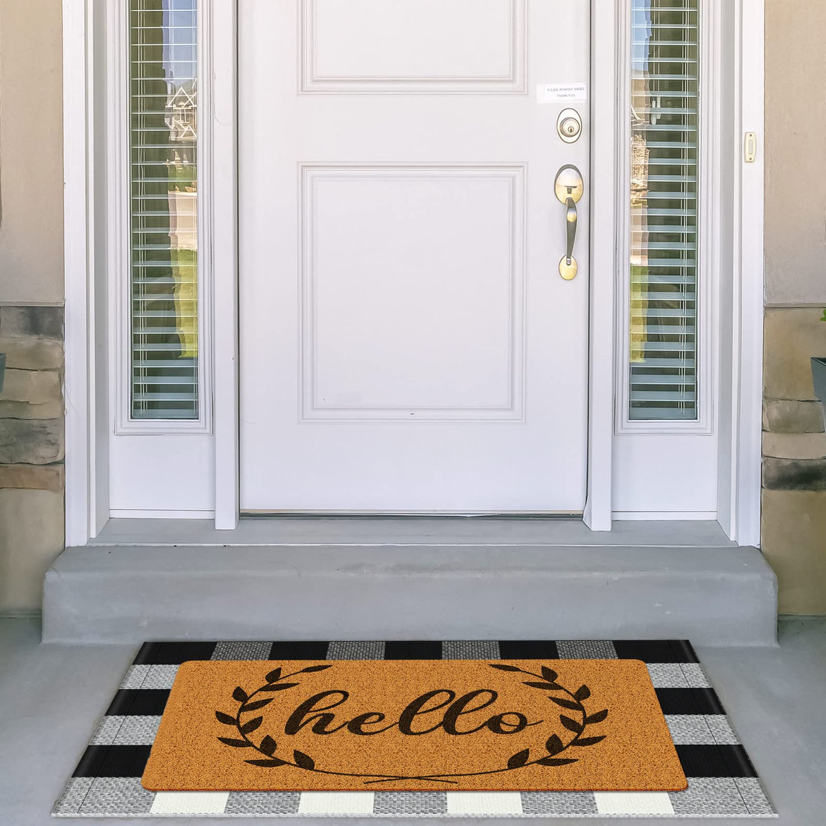 Maitys buffalo plaid hello mat blends farmhouse charm with quick-dry fibers.
