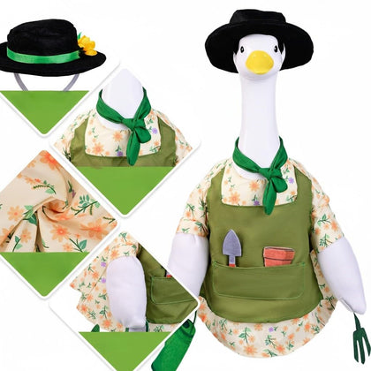 Maiwoste Gardener Goose Outfit on porch goose with hat adds outdoor charm.