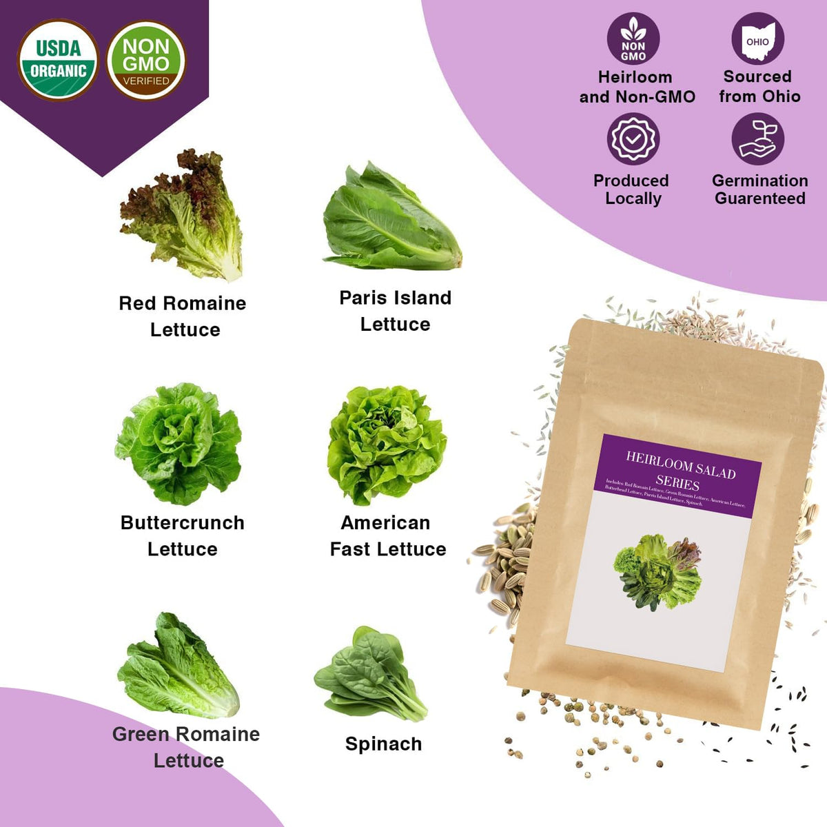 Majero heirloom seed packets offering six varieties for vibrant lettuce and spinach