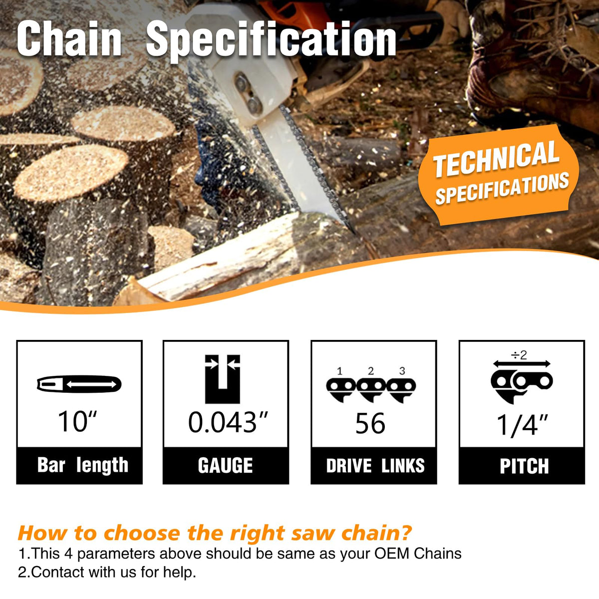 M.A.K 10-inch chain showing 1/4 LP pitch and 0.043 gauge for fast feeding.