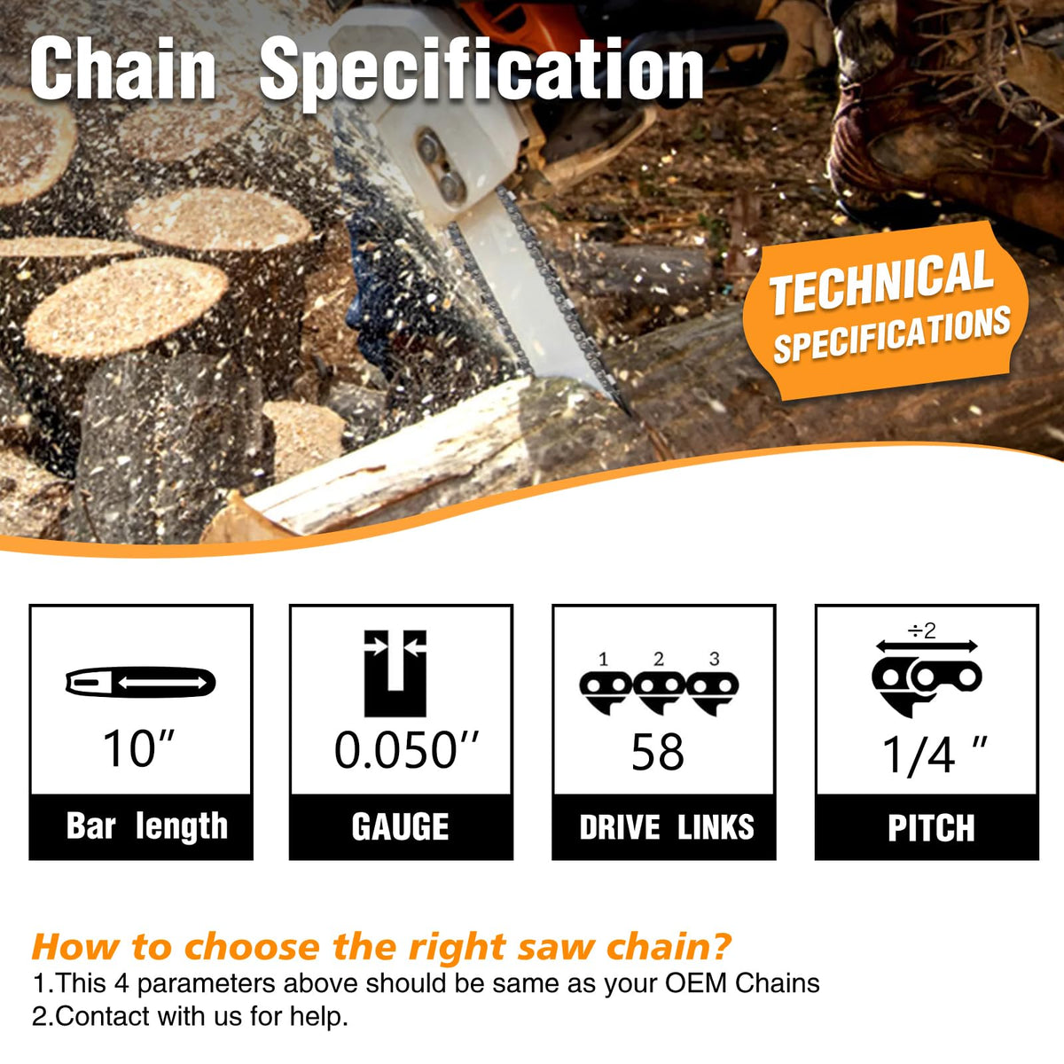 M.A.K quarter-inch pitch chains with 58 drive links for smooth cutting and compatibility.