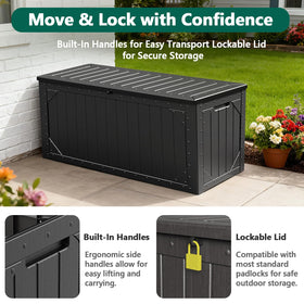 MAKE CHANGES 100 Gallon storage box interior organized for garden tools and cushions.