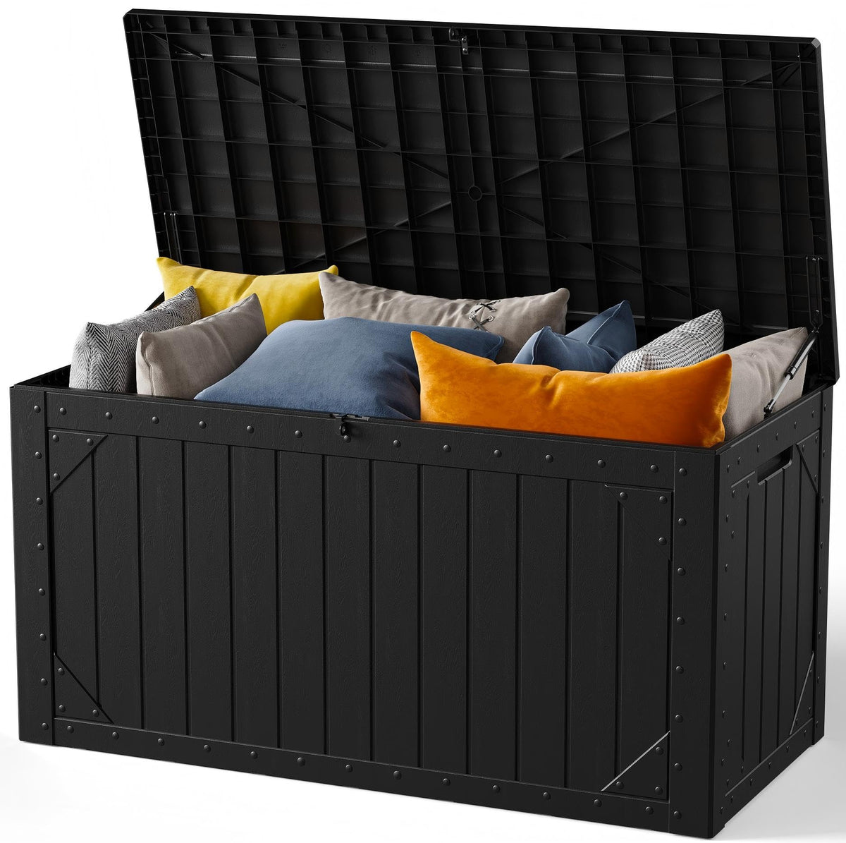 MAKE CHANGES 100 Gallon storage box lid opens smoothly for easy outdoor access.