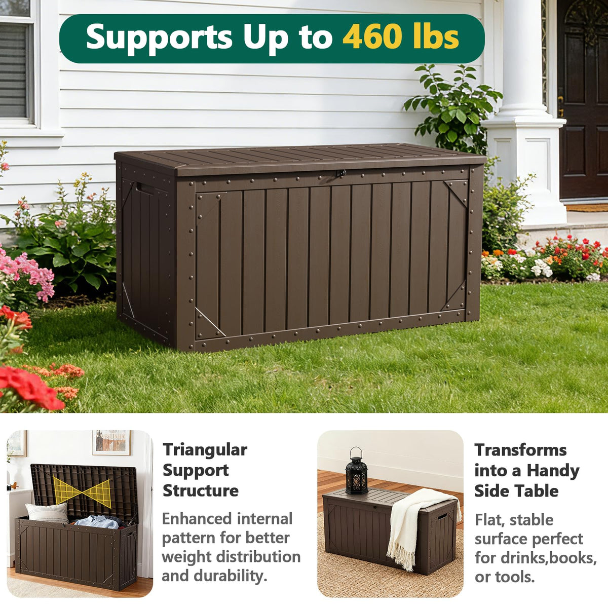 MAKE CHANGES 100 gallon storage box bench-seat supports up to 460 lbs for extra seating.