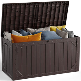 MAKE CHANGES 100 gallon storage box front view showing ample outdoor storage for cushions and tools.