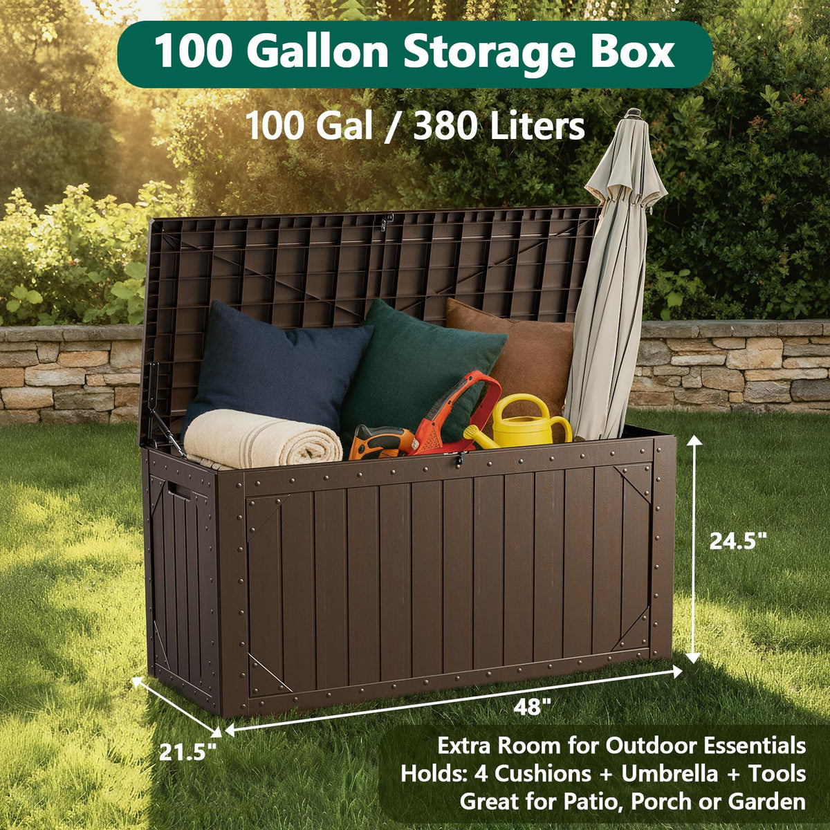 MAKE CHANGES 100 gallon storage box lid open for easy loading and quick access.