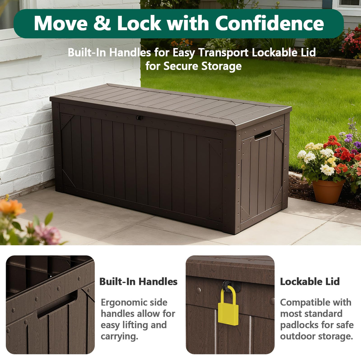 MAKE CHANGES 100 gallon storage box lockable lid keeps tools and cushions secure.
