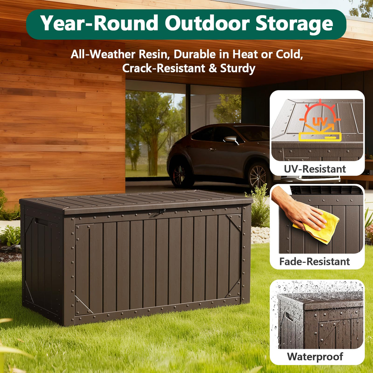 MAKE CHANGES 100 gallon storage box UV-protected resin resists fading for year-round use.