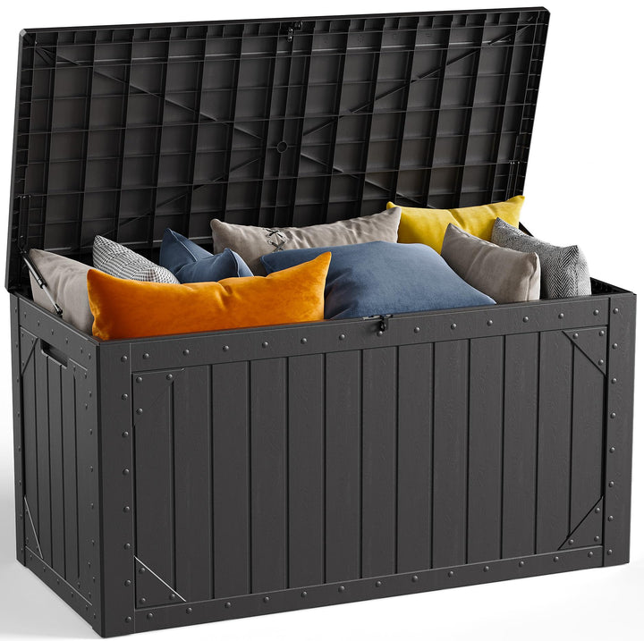 MAKE CHANGES 100 Gallon outdoor storage box front view shows ample capacity for cushions and garden tools.