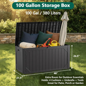 MAKE CHANGES 100 Gallon outdoor storage box with lid open for easy access to stored cushions and tools.