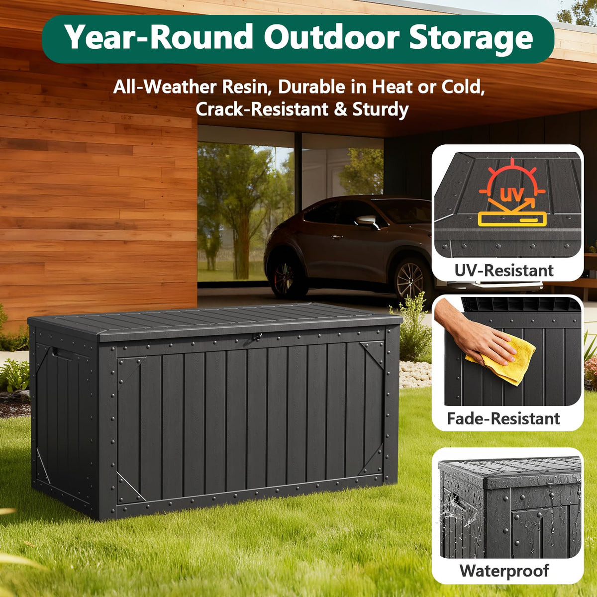 MAKE CHANGES 100 Gallon lockable lid highlights secure outdoor storage for belongings.