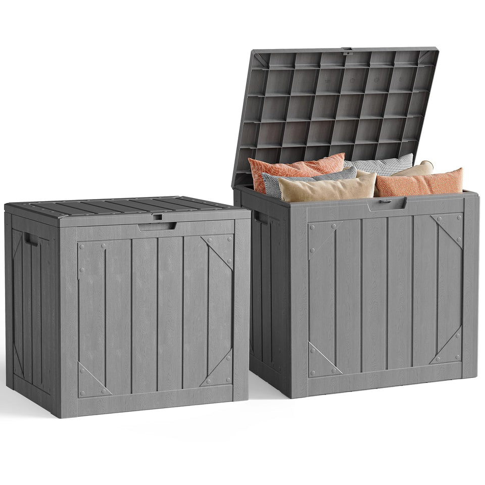 Make Changes 30-Gallon Deck Box with a closed lid, ideal for patio storage.