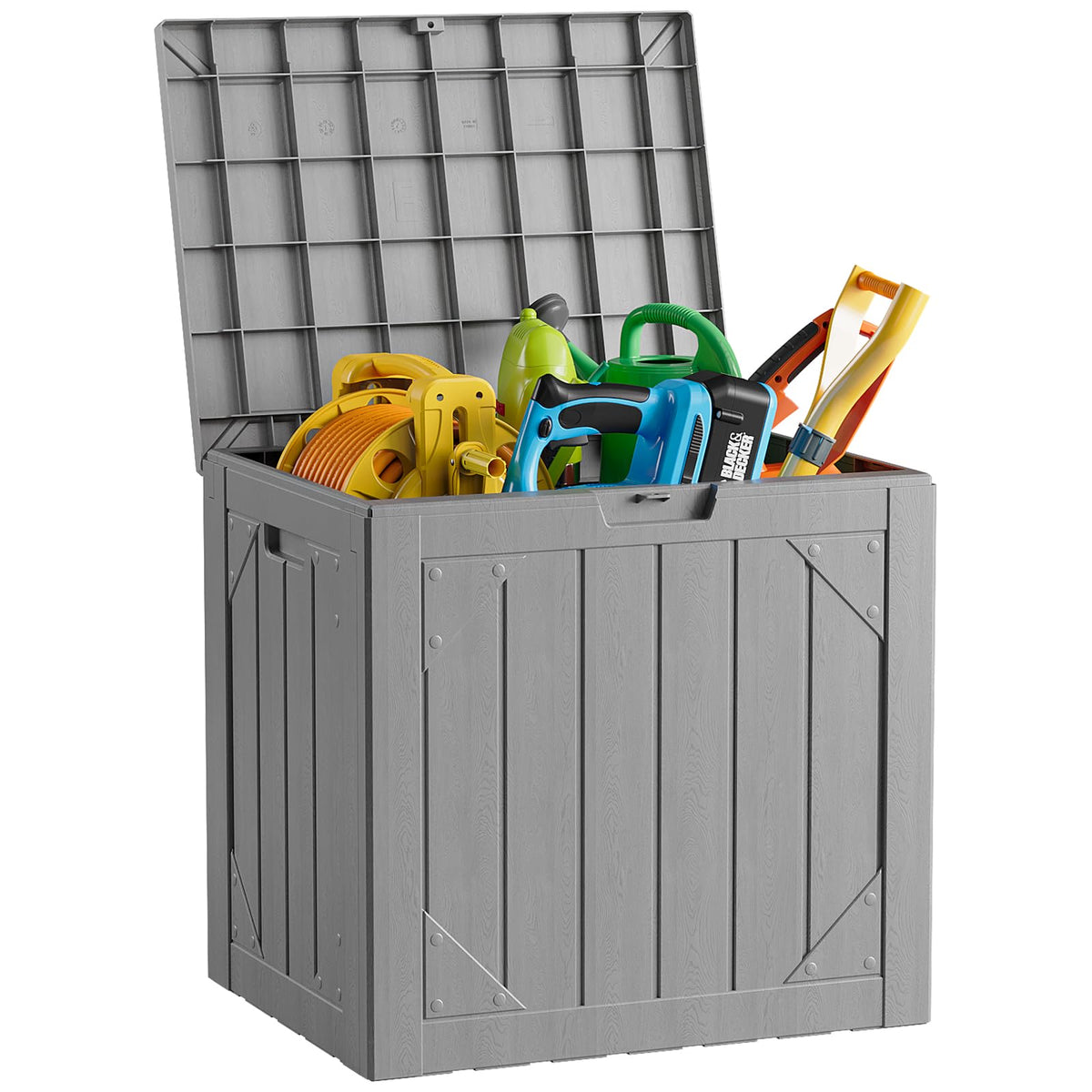 MAKE CHANGES 31 Gal outdoor storage box with lid closed for weather protection