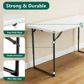 MAKE CHANGES folding table with adjustable legs in use, ideal for indoor gatherings.
