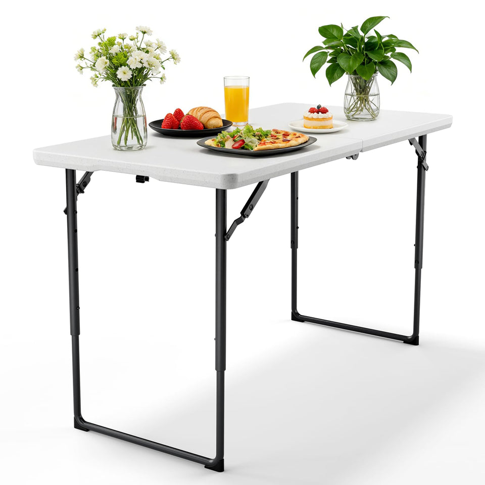 MAKE CHANGES 4FT folding table ready for outdoor dining, sturdy and portable.