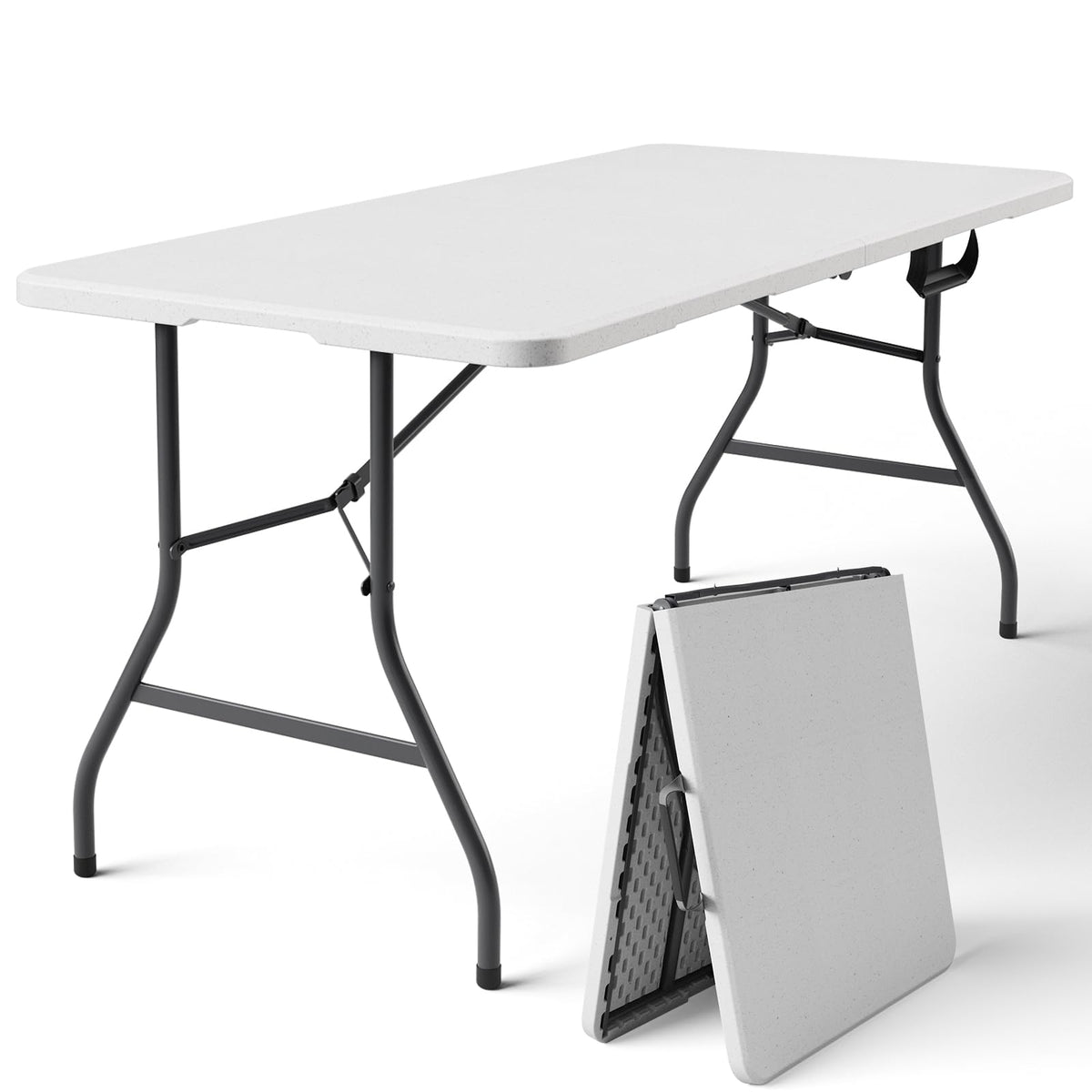 MAKE CHANGES folding table 5ft setup for easy indoor and outdoor dining.