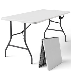 MAKE CHANGES folding table 5ft setup for easy indoor and outdoor dining.