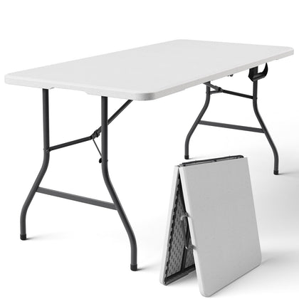MAKE CHANGES folding table 5ft setup for easy indoor and outdoor dining.
