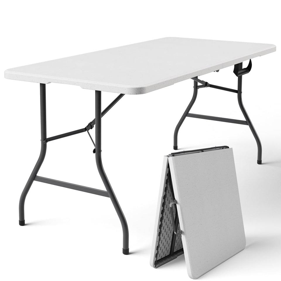 MAKE CHANGES folding table 5ft setup for easy indoor and outdoor dining.