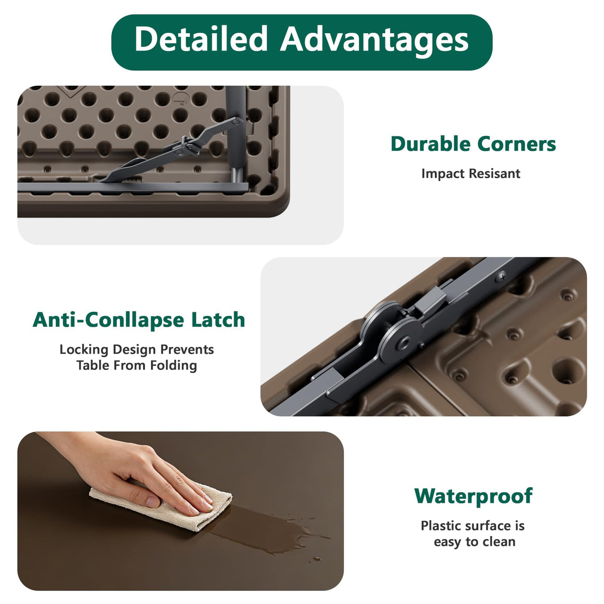 MAKE CHANGES folding table maintenance, wipe-clean surface and rust-resistant frame.