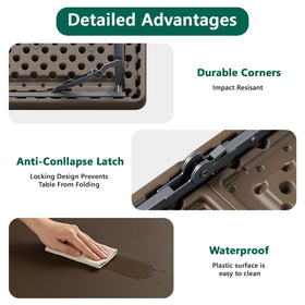 MAKE CHANGES folding table maintenance, wipe-clean surface and rust-resistant frame.