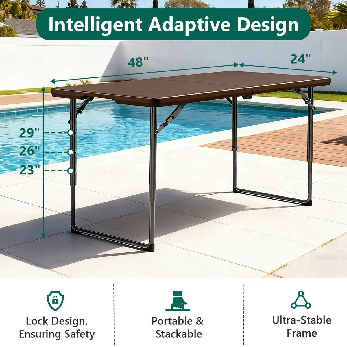 MAKE CHANGES folding table durable plastic top, waterproof and easy to clean.