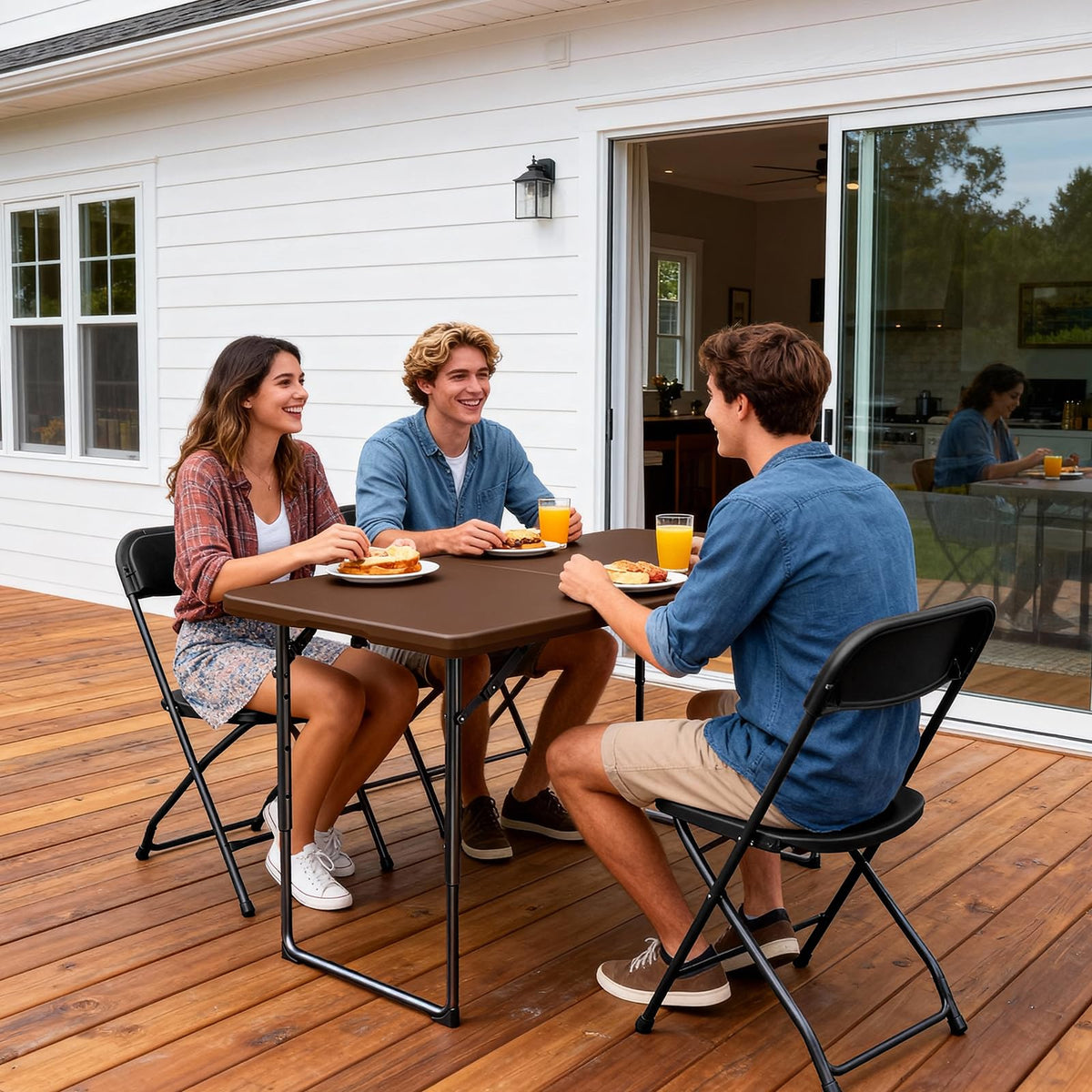 MAKE CHANGES folding table sturdy steel legs, reliable support for heavy setups.