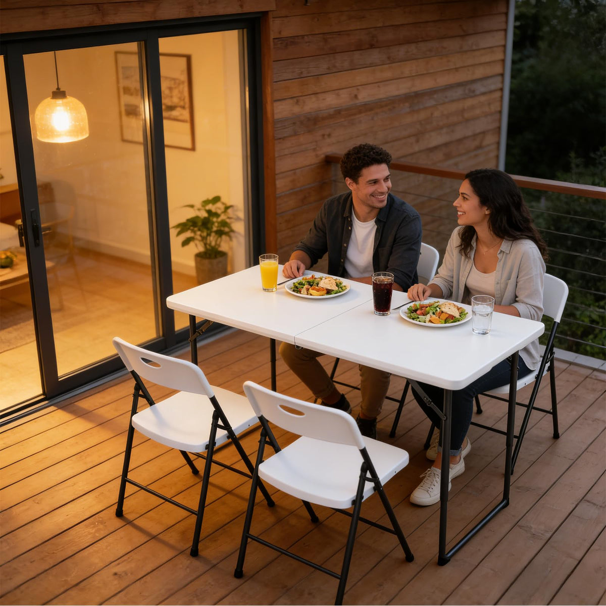 MAKE CHANGES steel-leg folding table in action, supports heavy loads with stability.