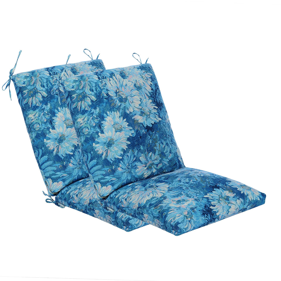 Makimoo Blue Monet Garden dining cushions on outdoor chairs for plush comfort
