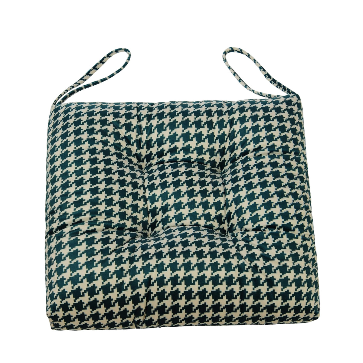 Makimoo green-houndstooth cushion with ties securely on wicker chair