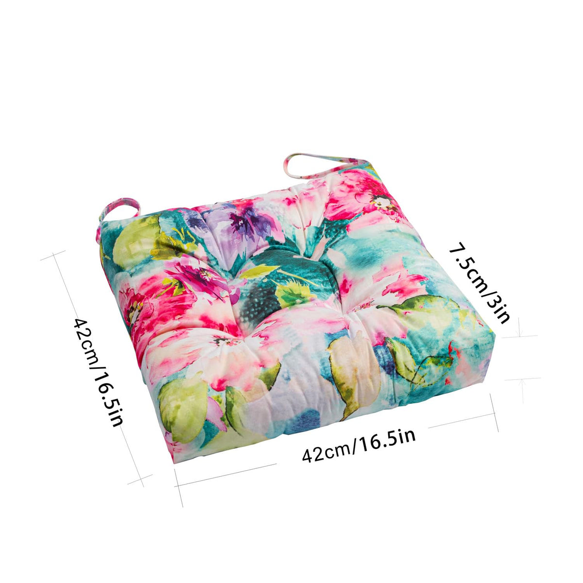 Makimoo watercolor-flowers pattern close-up on cushion for patio styling