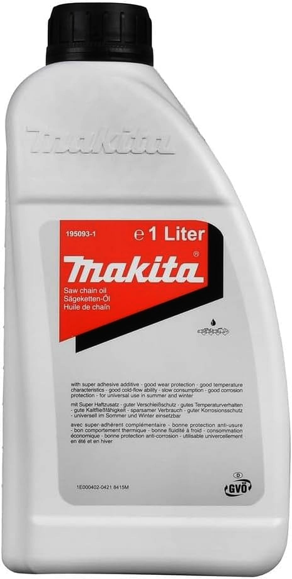 Makita Mineral+ 195093-1 chainsaw oil for all-season lubrication and wear protection.