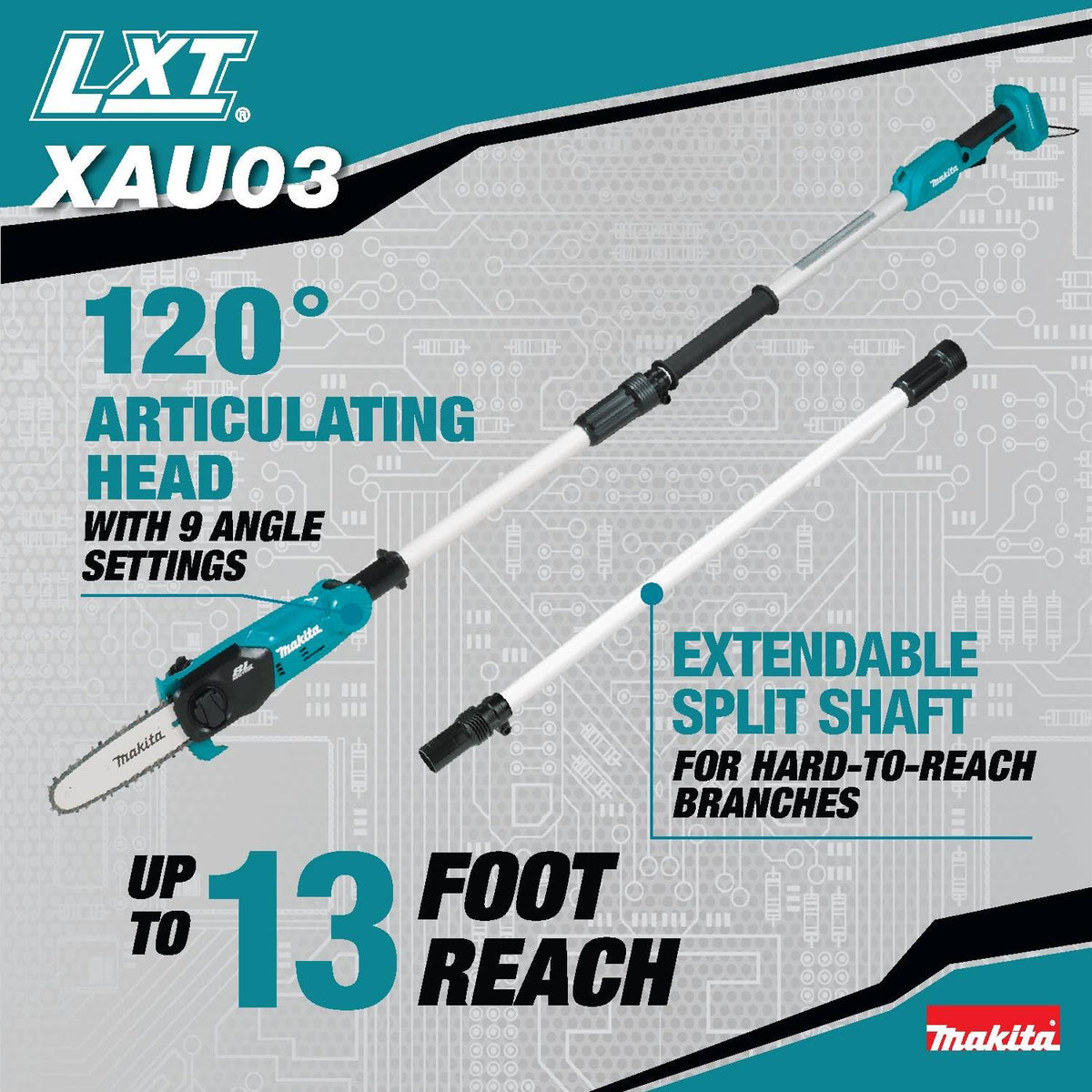 Makita XAU03Z nine-angle settings provide precise cutting angles.