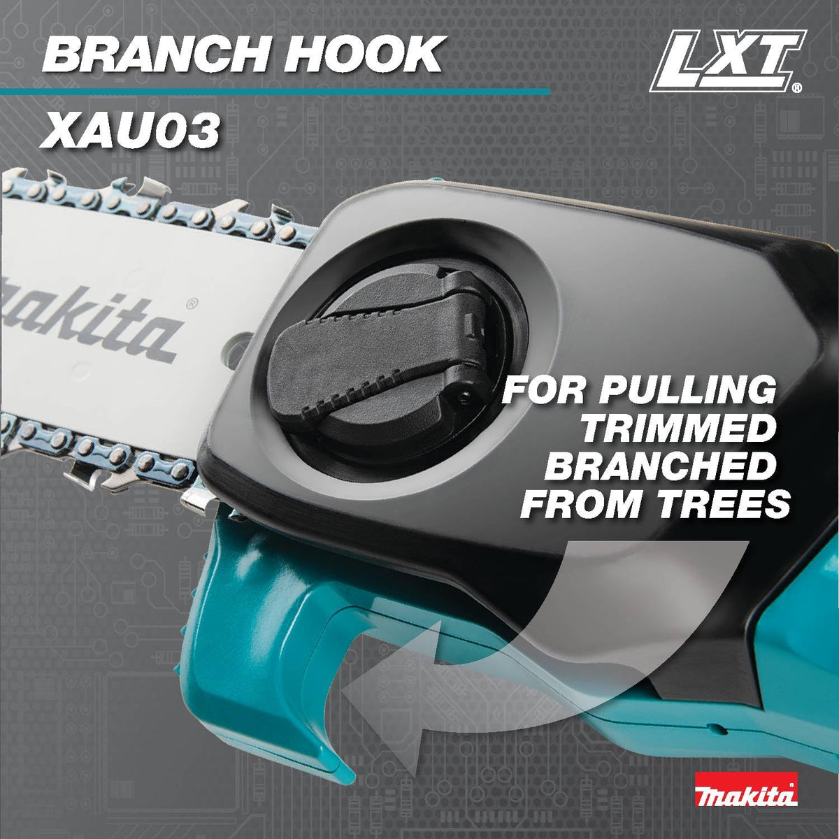 Makita XAU03Z translucent bar oil tank with large refill opening.